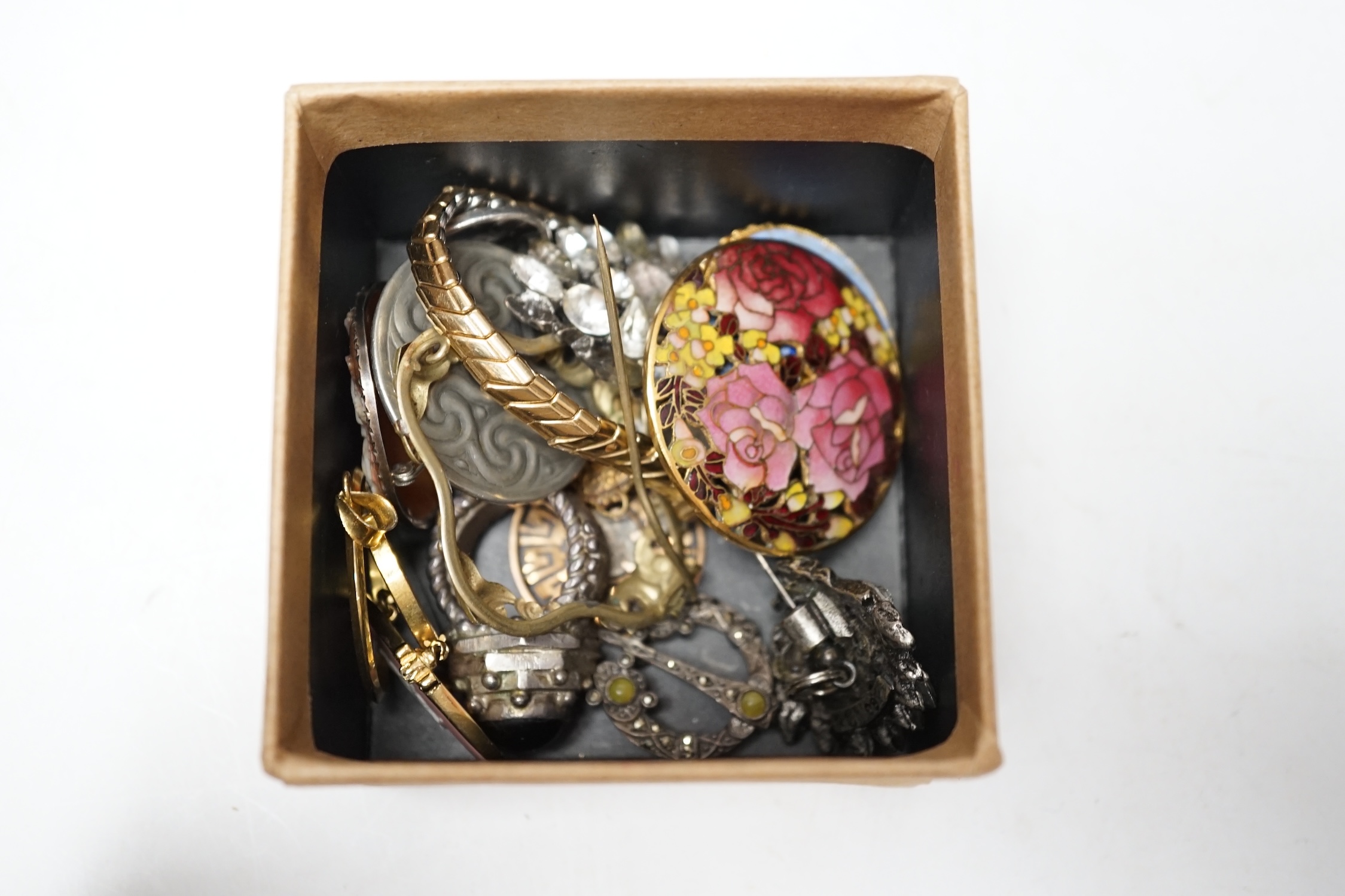 A collection of Victorian and later costume jewellery and a cased silver mounted vanity set. Condition - poor to fair to good